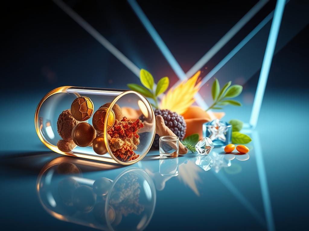 A detailed, high-resolution rendering of the beneficial properties of a male enhancement supplement. Depict the foreground as a gleaming, well-designed capsule with a translucent exterior revealing its complex interior structure. In the middle ground, showcase the key ingredients - natural herbs and compounds - artfully arranged and illuminated to highlight their purity and potency. The background should convey a sense of masculinity and vitality, perhaps with strong geometric shapes, energetic lighting, and a subtle color palette of blues and greens. Capture an overall tone of scientific sophistication, natural wellness, and discreet masculinity. A detailed, high-resolution rendering of the beneficial properties of a male enhancement supplement. Depict the foreground as a gleaming, well-designed capsule with a translucent exterior revealing its complex interior structure. In the middle ground, showcase the key ingredients - natural herbs and compounds - artfully arranged and illuminated to highlight their purity and potency. The background should convey a sense of masculinity and vitality, perhaps with strong geometric shapes, energetic lighting, and a subtle color palette of blues and greens. Capture an overall tone of scientific sophistication, natural wellness, and discreet masculinity.