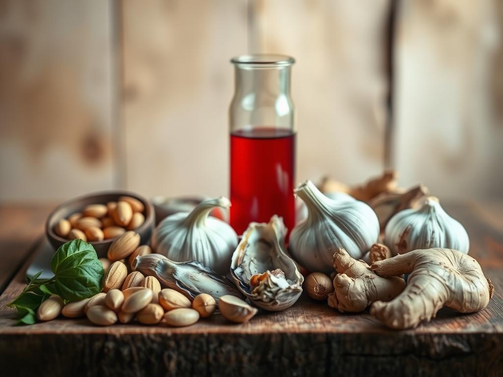 A meticulously arranged still life depicting a selection of scientifically-backed, hormone-boosting superfoods. In the foreground, an array of fresh ingredients including Brazil nuts, oysters, garlic, and ginger, artfully arranged on a rustic wooden surface. The middle ground features a glass beaker filled with a vibrant red liquid, hinting at the potent medicinal properties of the ingredients. The background is softly lit, creating a warm, contemplative atmosphere that encourages thoughtful consideration of the natural aphrodisiac qualities of the featured foods. Captured with a shallow depth of field, the image emphasizes the scientific precision and careful curation of the scene. A meticulously arranged still life depicting a selection of scientifically-backed, hormone-boosting superfoods. In the foreground, an array of fresh ingredients including Brazil nuts, oysters, garlic, and ginger, artfully arranged on a rustic wooden surface. The middle ground features a glass beaker filled with a vibrant red liquid, hinting at the potent medicinal properties of the ingredients. The background is softly lit, creating a warm, contemplative atmosphere that encourages thoughtful consideration of the natural aphrodisiac qualities of the featured foods. Captured with a shallow depth of field, the image emphasizes the scientific precision and careful curation of the scene.