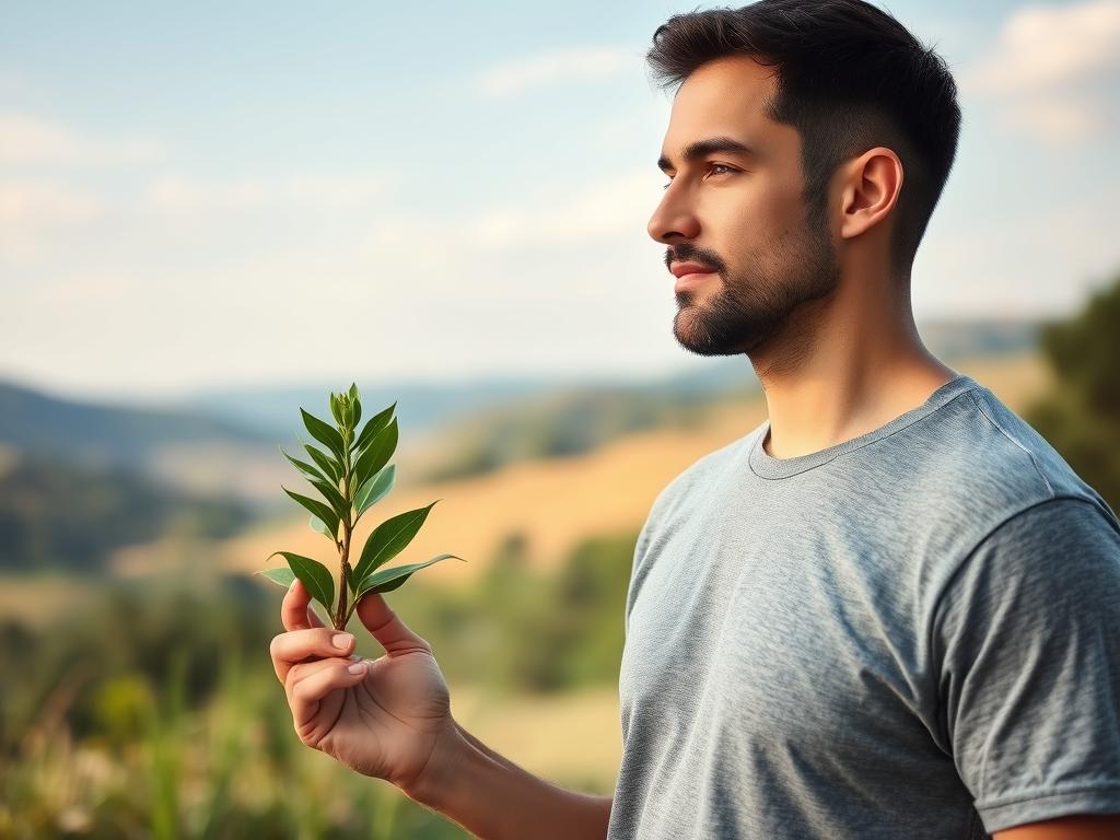 A serene and contemplative scene of a man engaging in healthy lifestyle practices to support his reproductive health. In the foreground, he stands in a tranquil garden, gently cradling a lush green plant symbolizing vitality and growth. Soft, diffused lighting caresses his features, conveying a sense of inner calm and focus. The middle ground features a clean, minimalist backdrop, allowing the subject to take center stage. In the background, a soothing natural landscape with rolling hills and a clear, azure sky sets the scene for this introspective moment of self-care. The overall atmosphere is one of balance, harmony, and a holistic approach to nurturing one's well-being.
