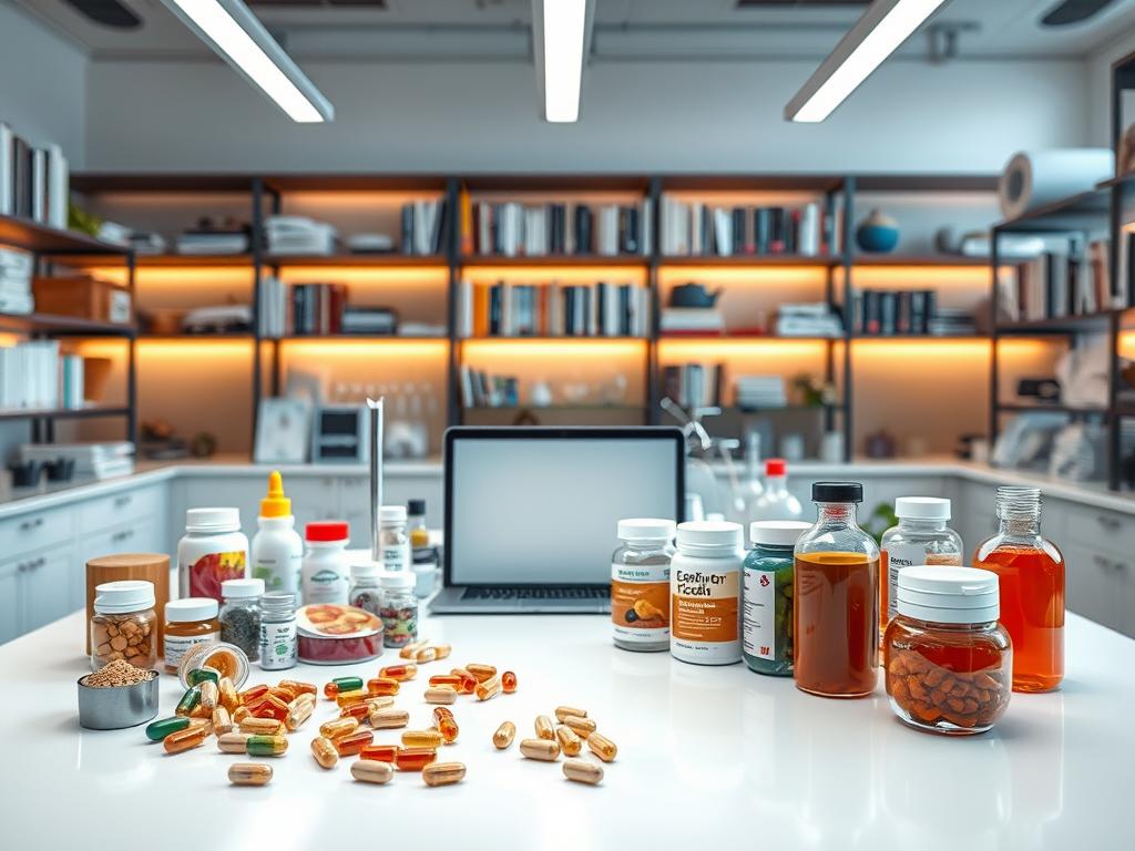 A sleek and modern laboratory setting, with an array of health supplements and research materials meticulously arranged. In the foreground, various nutritional products such as capsules, powders, and liquids are displayed on a pristine white table, illuminated by warm, diffused lighting. In the middle ground, a laptop and scientific instruments suggest an ongoing research process, while the background showcases shelves filled with books, scientific journals, and other academic resources. The overall scene conveys a sense of professionalism, diligence, and the pursuit of knowledge, reflecting the careful consideration and scientific backing behind the featured health supplement. A sleek and modern laboratory setting, with an array of health supplements and research materials meticulously arranged. In the foreground, various nutritional products such as capsules, powders, and liquids are displayed on a pristine white table, illuminated by warm, diffused lighting. In the middle ground, a laptop and scientific instruments suggest an ongoing research process, while the background showcases shelves filled with books, scientific journals, and other academic resources. The overall scene conveys a sense of professionalism, diligence, and the pursuit of knowledge, reflecting the careful consideration and scientific backing behind the featured health supplement.