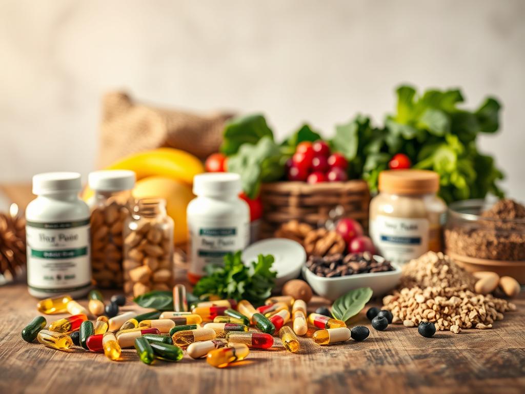 A still life composition showcasing a variety of dietary supplements and nutritional elements. In the foreground, an assortment of vitamin and mineral capsules, herbal extracts, and protein powders are arranged neatly on a wooden surface, bathed in warm, diffused lighting. In the middle ground, fresh produce such as leafy greens, berries, and nuts are scattered, highlighting the importance of whole, natural foods in a balanced diet. The background features a soft, blurred backdrop, lending a sense of tranquility and focus to the scene. The overall mood is one of health, vitality, and a mindful approach to wellness and nutrition. A still life composition showcasing a variety of dietary supplements and nutritional elements. In the foreground, an assortment of vitamin and mineral capsules, herbal extracts, and protein powders are arranged neatly on a wooden surface, bathed in warm, diffused lighting. In the middle ground, fresh produce such as leafy greens, berries, and nuts are scattered, highlighting the importance of whole, natural foods in a balanced diet. The background features a soft, blurred backdrop, lending a sense of tranquility and focus to the scene. The overall mood is one of health, vitality, and a mindful approach to wellness and nutrition.