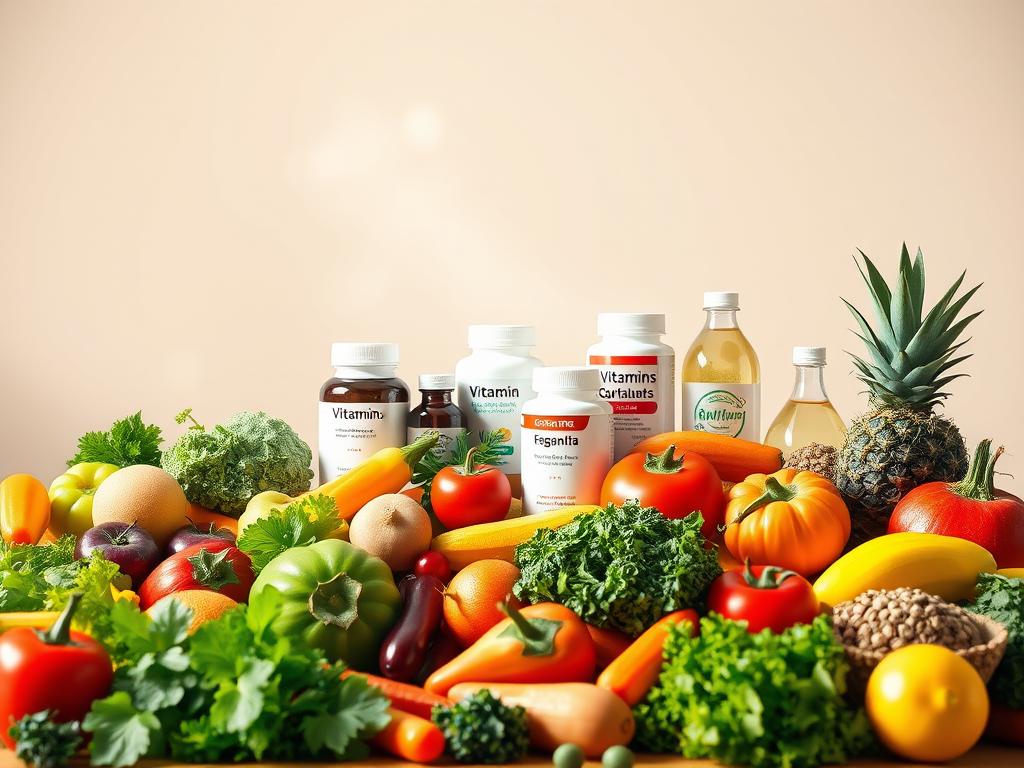 A vibrant, high-resolution digital illustration depicting the importance of vitamins and essential nutrients. The image showcases a diverse array of fresh, colorful produce in the foreground, such as leafy greens, juicy fruits, and crunchy vegetables. In the middle ground, there are various vitamin and mineral supplements, presented in a clean, modern style. The background features a soft, blurred gradient in muted hues, creating a sense of depth and focus on the central elements. The lighting is natural and warm, highlighting the vibrancy of the ingredients and supplements. The overall composition conveys the message of the vital role that vitamins and essential nutrients play in maintaining a healthy, balanced diet and lifestyle.