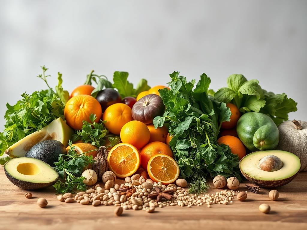 A vibrant still life arrangement showcasing a variety of fertility-boosting foods. In the foreground, a selection of fresh fruits and vegetables, including avocados, citrus fruits, leafy greens, and nuts, are artfully arranged on a wooden table. Soft, natural lighting filters through the scene, casting gentle shadows and highlights that emphasize the lush, organic textures. In the middle ground, various herbs, spices, and grains are sprinkled around the produce, adding depth and visual interest. The background features a neutral, slightly blurred backdrop, allowing the main subjects to take center stage. The overall composition conveys a sense of health, abundance, and vitality, perfectly capturing the essence of "อาหารเพิ่มอสุจิ".