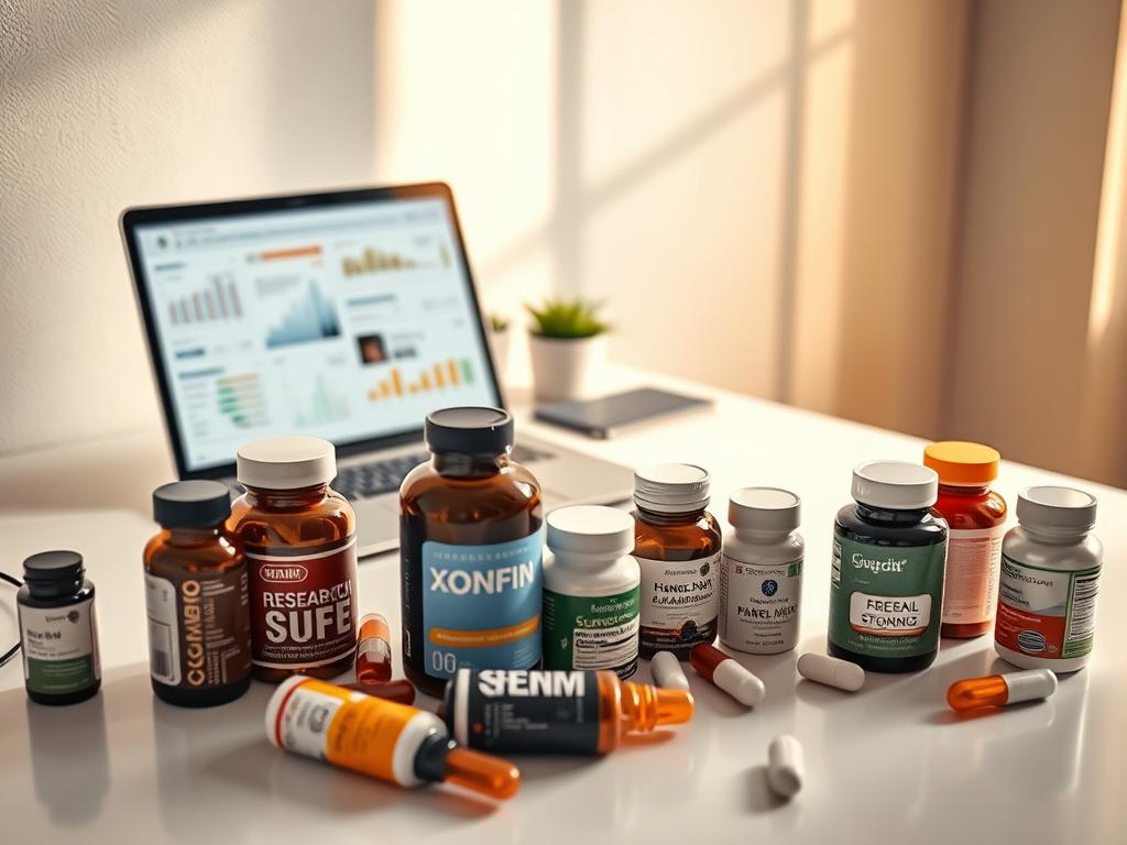 An in-depth analysis of research studies and real user reviews of dietary supplements for men. The scene depicts a well-lit, minimalist workspace with a clean white desktop and a laptop displaying research data and product reviews. In the foreground, carefully curated supplement bottles and packages are arranged neatly, conveying a sense of expert evaluation and informed decision-making. The background features a subtle gradient, creating a sense of focus and professionalism. Warm, natural lighting from a nearby window casts a soft glow, enhancing the authoritative and trustworthy atmosphere. The overall composition communicates a thorough, evidence-based approach to understanding the effectiveness, safety, and value of men's health supplements.